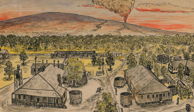 a color drawing of barracks and mountain in background